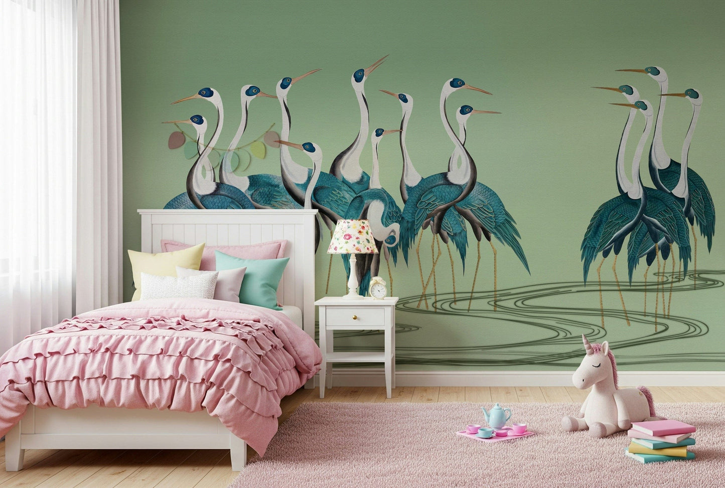 Reading nook with crane mural, calm colour tones and style