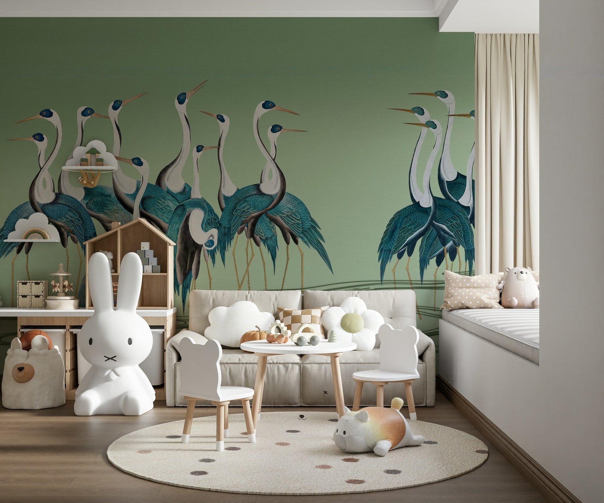 Entryway mural with crane design, modern home styling focus