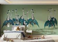 Cranes and botanicals mural in bedroom, soft colour palette