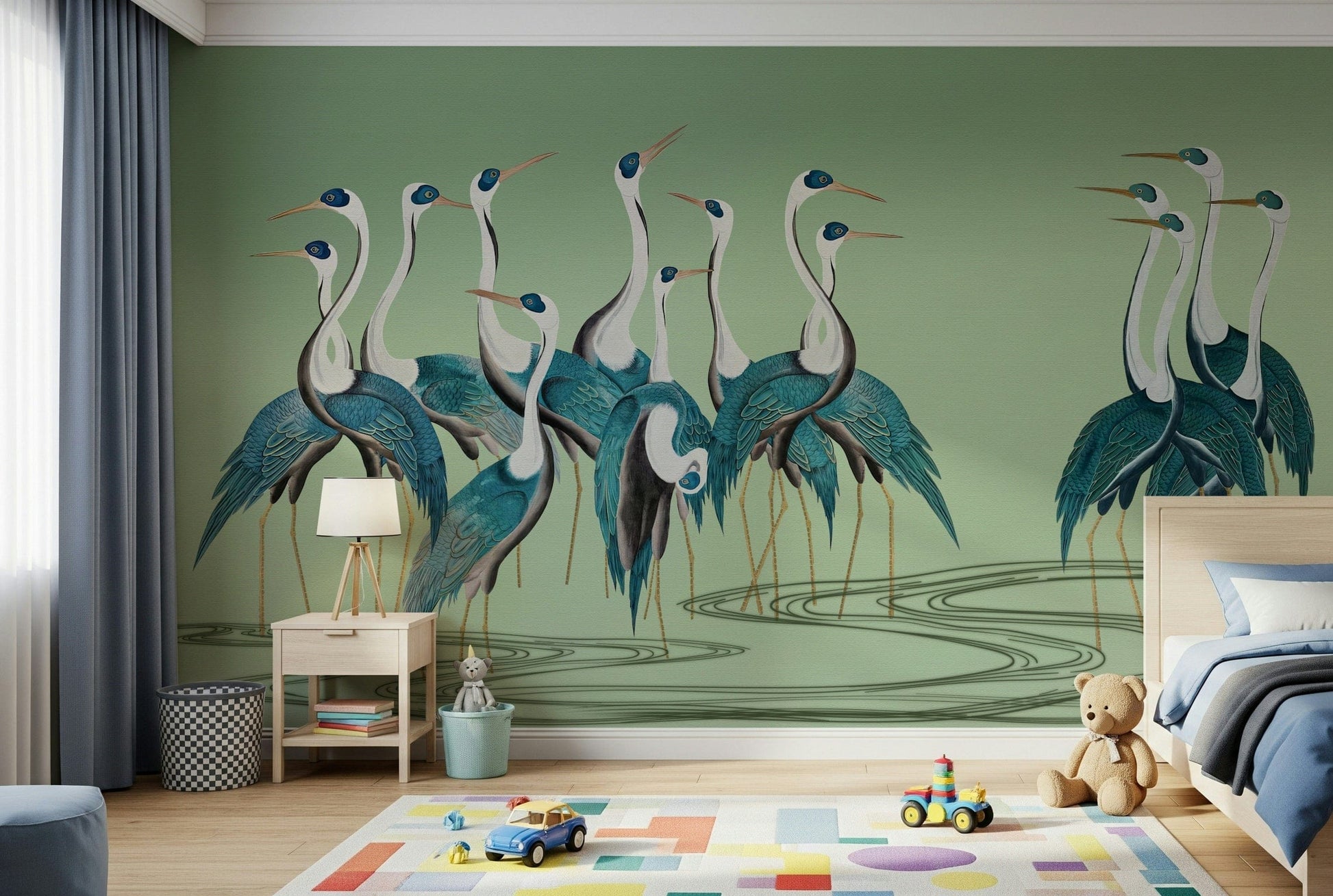 Crane Chorus Wall Mural behind sofa, calm modern colour tones