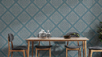 Blue damask peel and stick mural wallpaper for dining area
