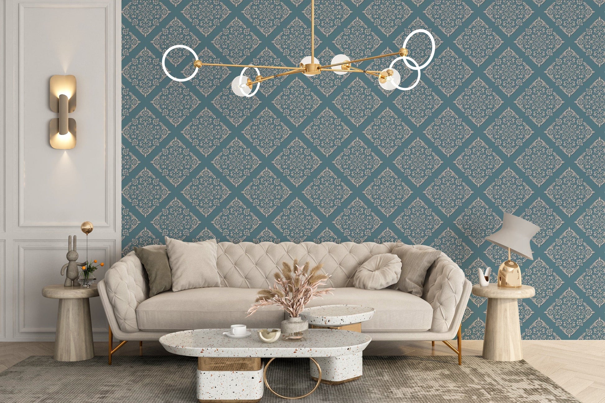 Decorative blue damask removable wall mural
