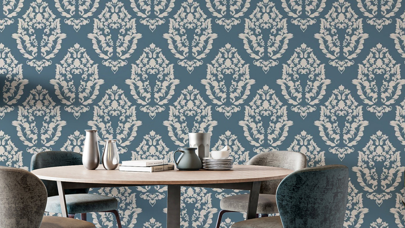 Timeless damask pattern dining room mural in blue
