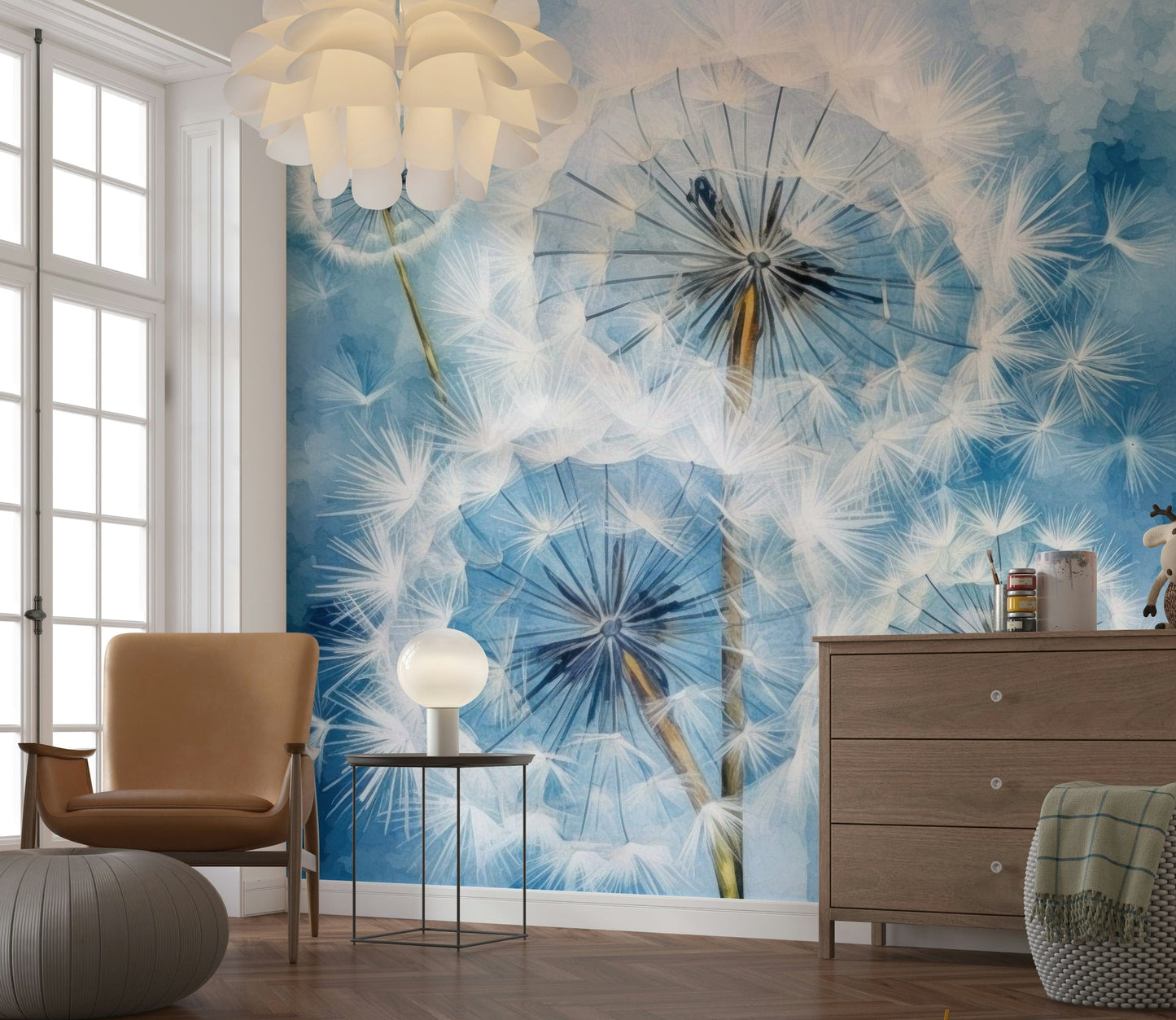 Dandelion Dreams Wall Mural – Soft-focus design of delicate dandelion seeds drifting through the air on a dreamy background.