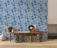 Flower Bouquet Tiles Floral Light Delft Blue and White Wallpaper⁠ on powder room wall