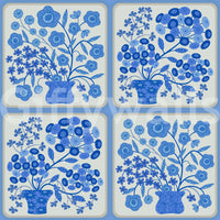 Floral tile pattern wallpaper for bedroom accent wall, light blue bouquets and stems