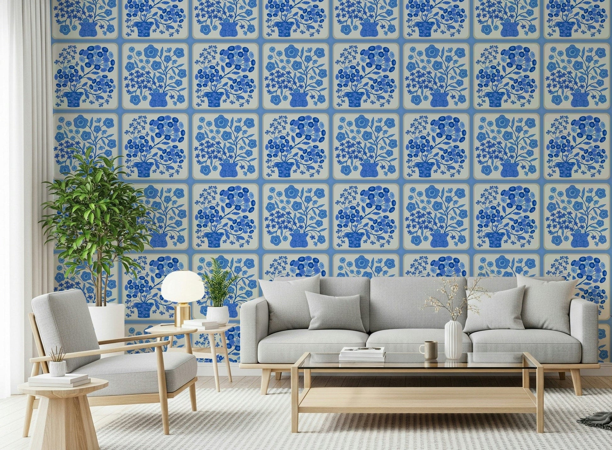 Flower bouquet tiles wallpaper on laundry room wall, blue and white cottage style