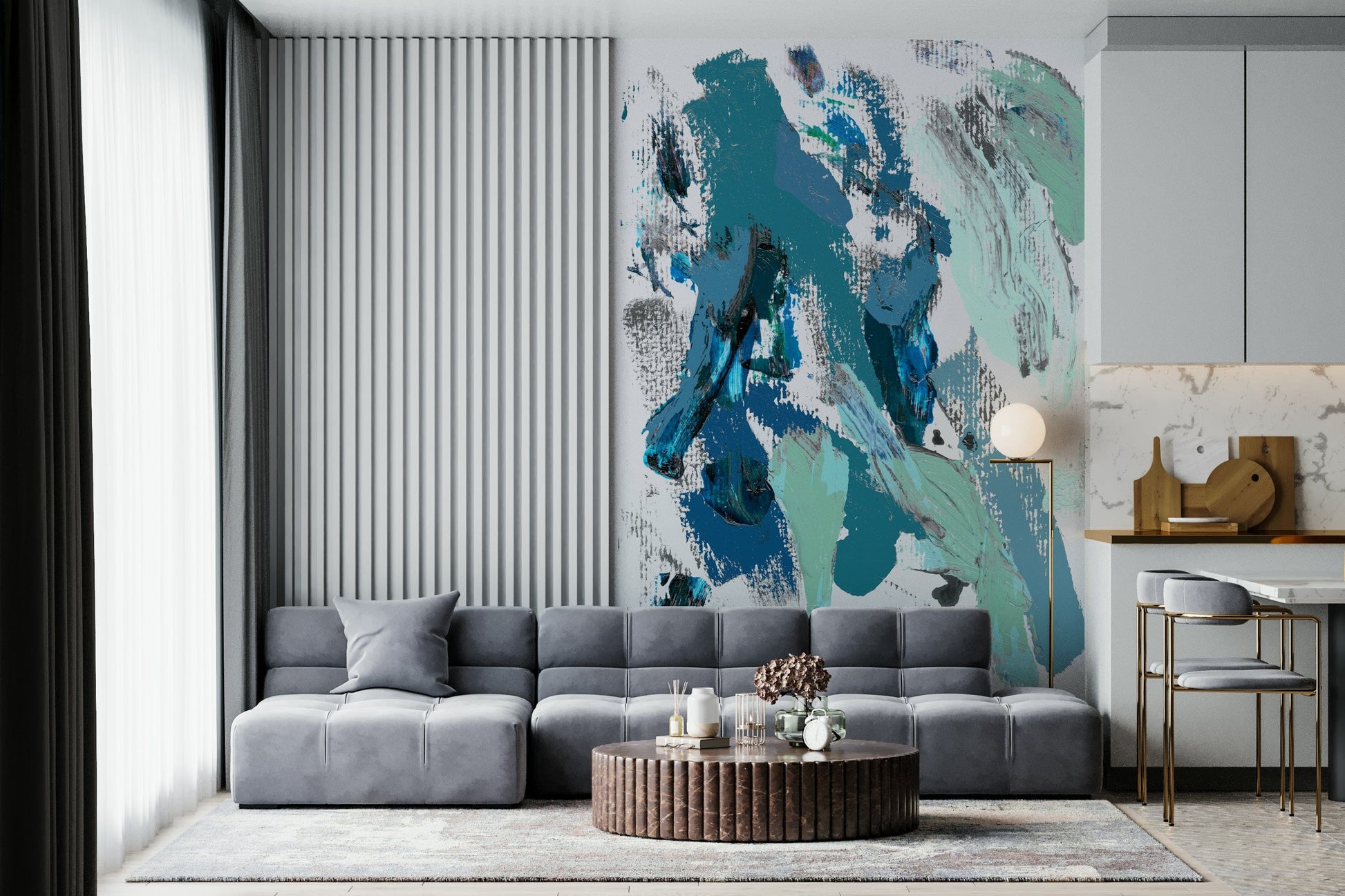 A calming abstract design wallpaper mural that defines a space.

