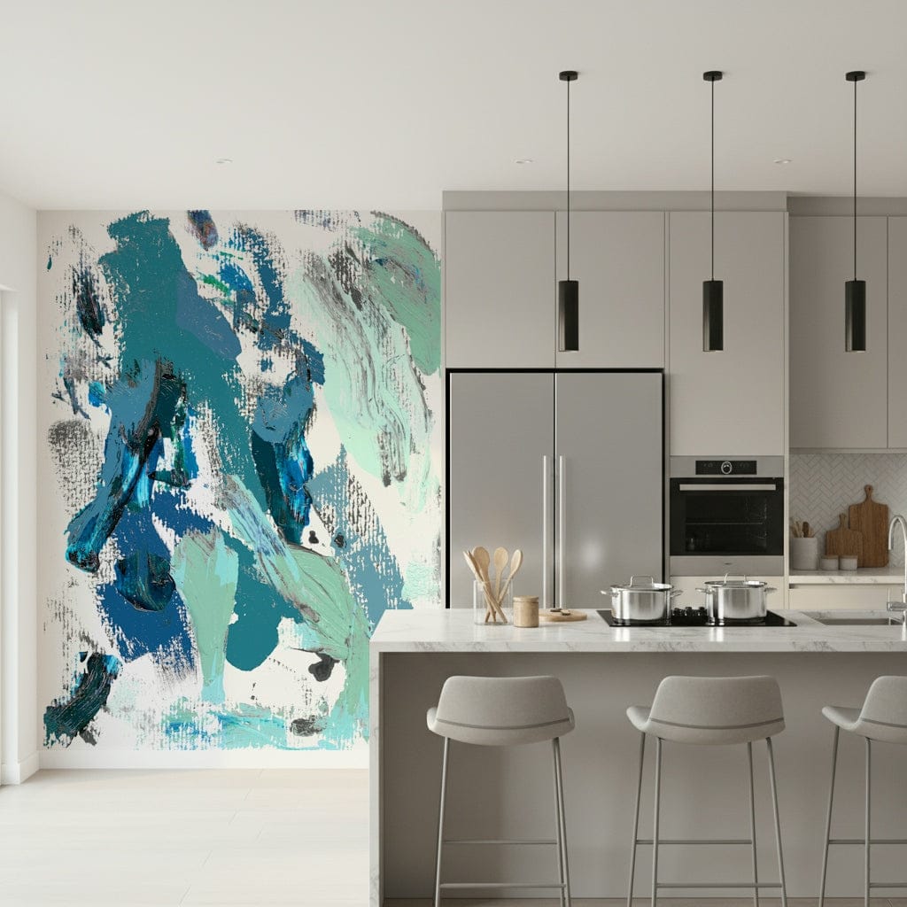 A peaceful geometric design mural on decorative wallpaper.

