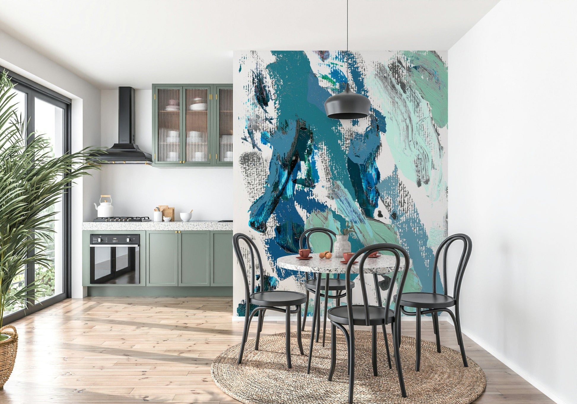 An artistic abstract shape mural on minimalist wallpaper.

