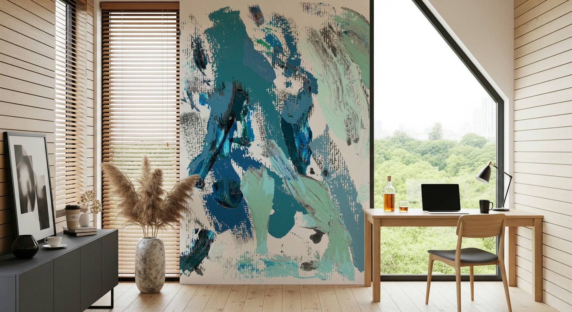 A beautiful abstract blue wallpaper mural for a modern home.

