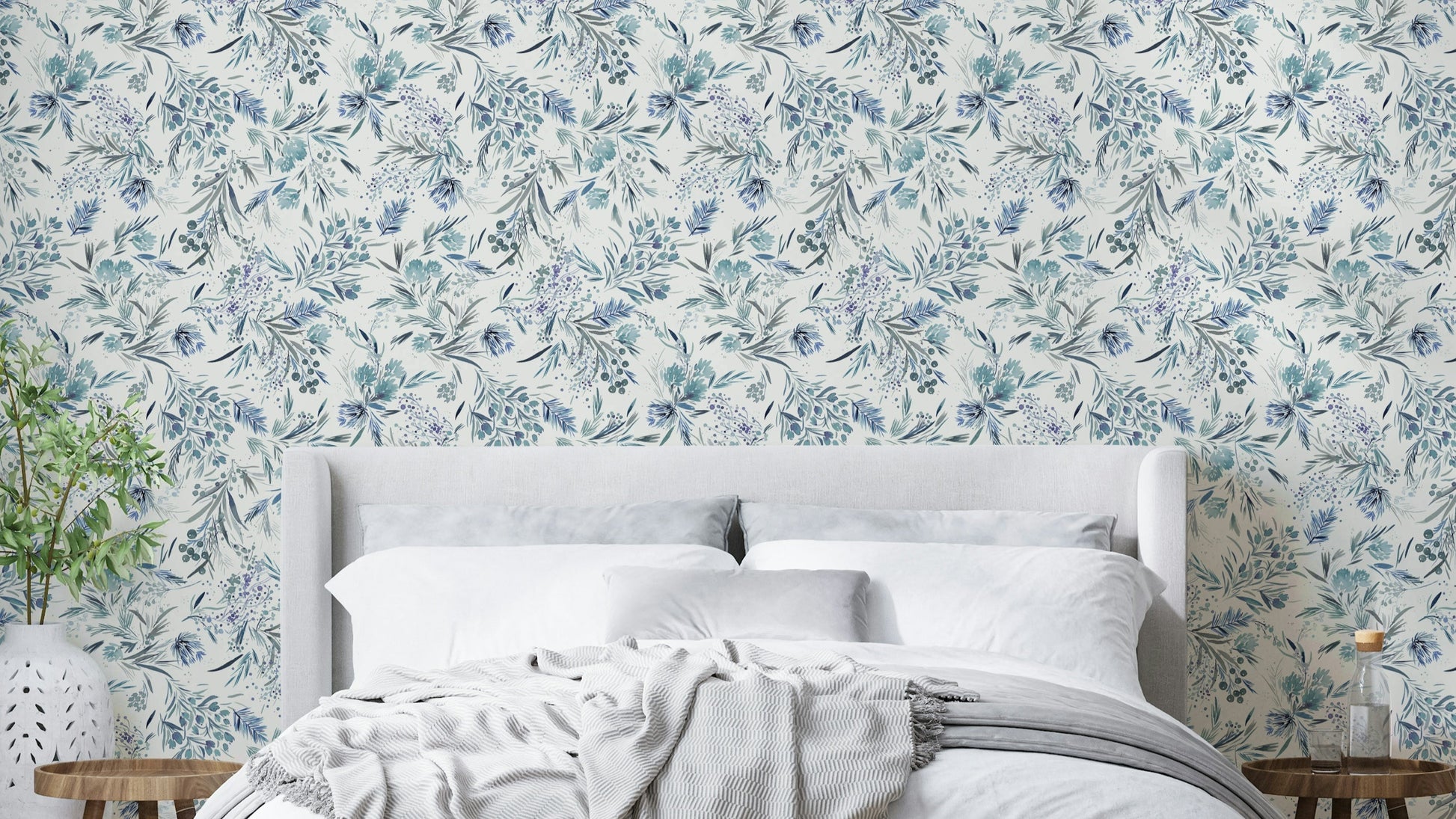 Festive floral wallpaper with minimal blue plants

