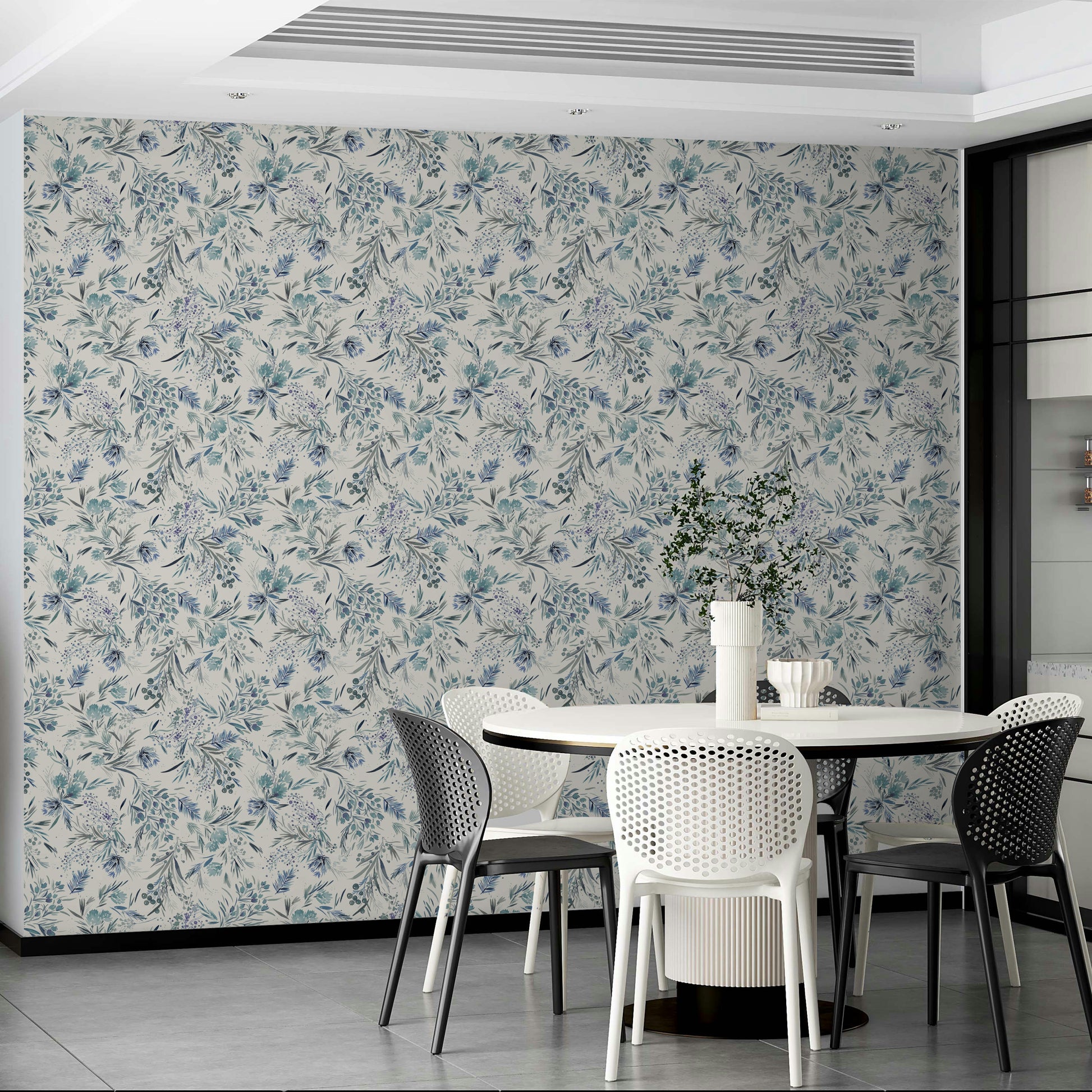 Subtle floral and plant design wallpaper in blue

