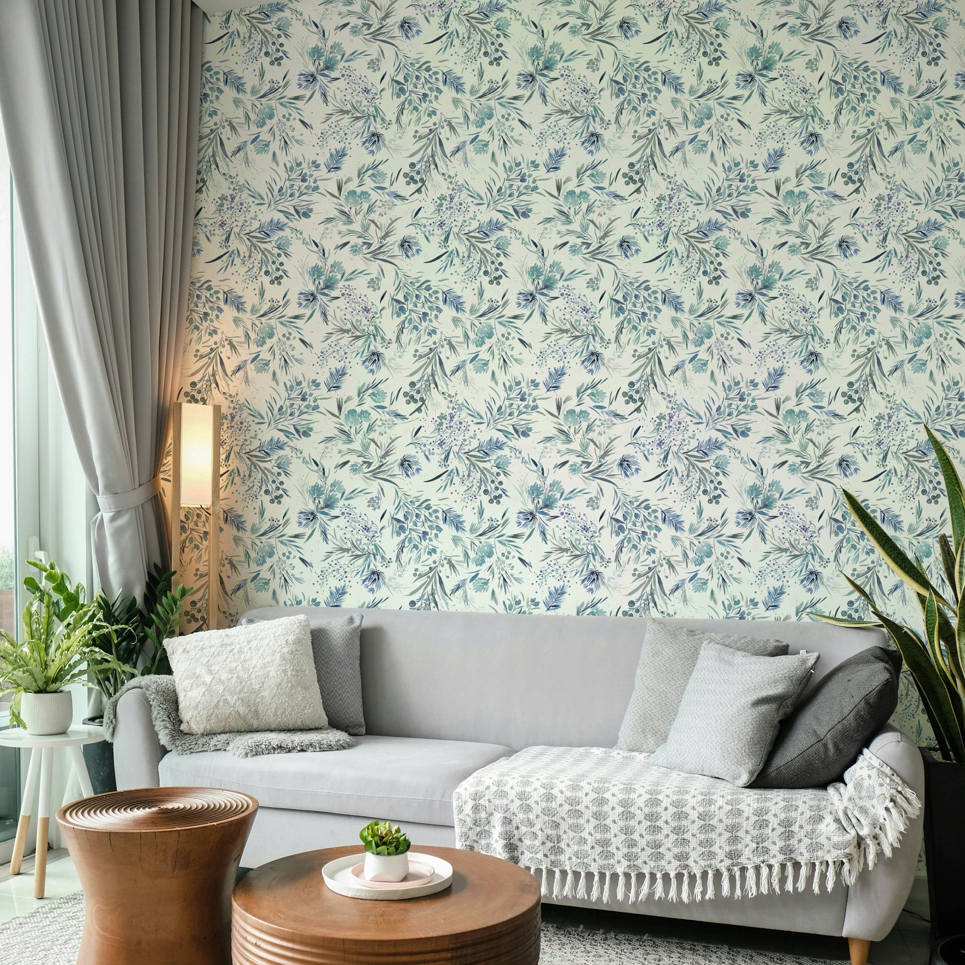 Minimalist botanical print wallpaper in festive blue

