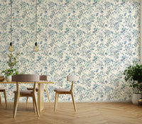 Delicate blue botanical wallpaper with floral accents

