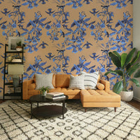 An artistic graceful bird mural on minimalist wallpaper.

