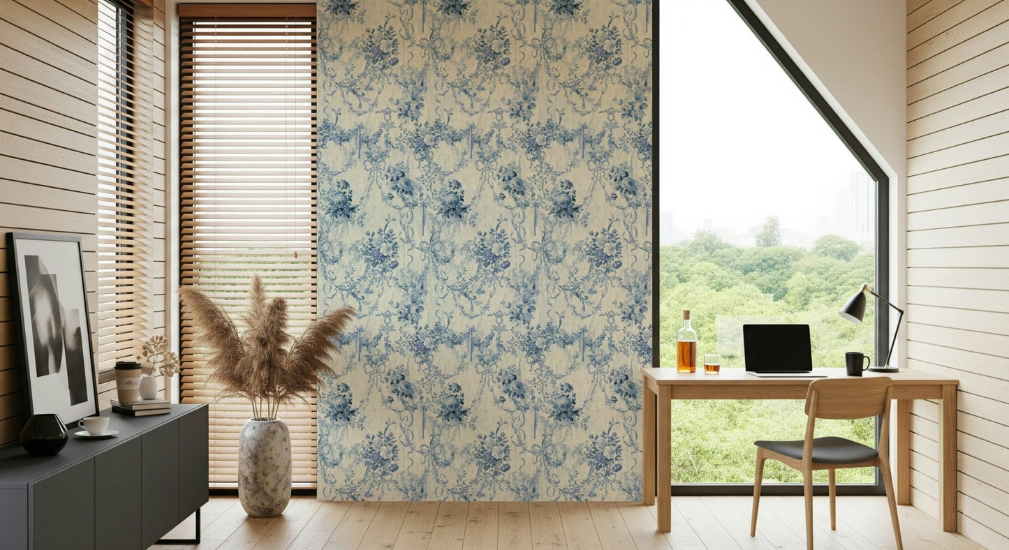 Vintage Blue Floral Chinoiserie Charm wall paper light blue accents.