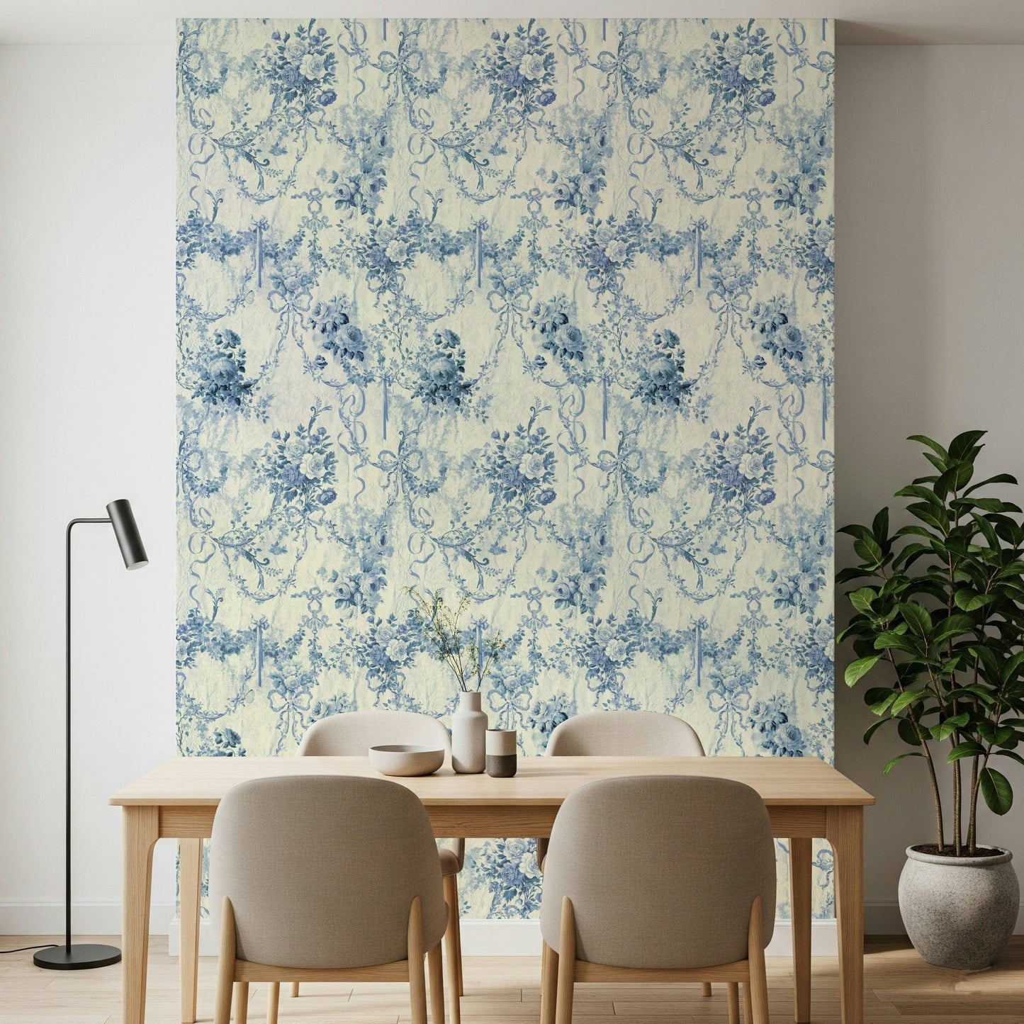 Peaceful Blue Floral Chinoiserie Charm elegant bedroom decor style.
