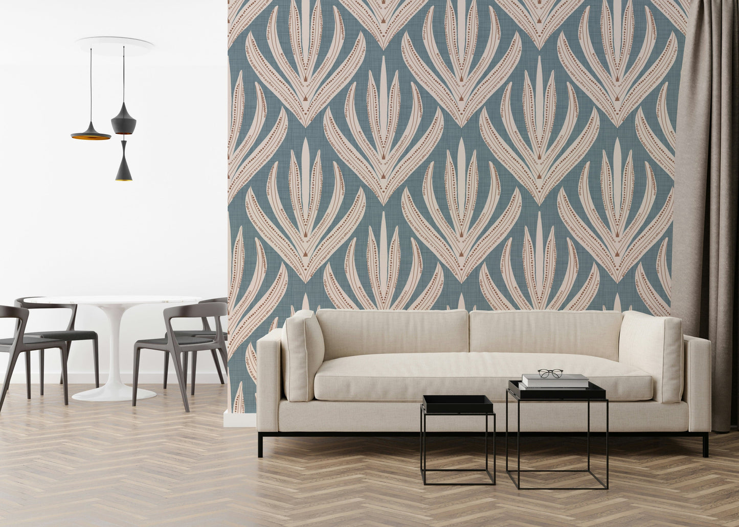 Decorative wallpaper mural with cream geometric floral elements over a muted blue backdrop.