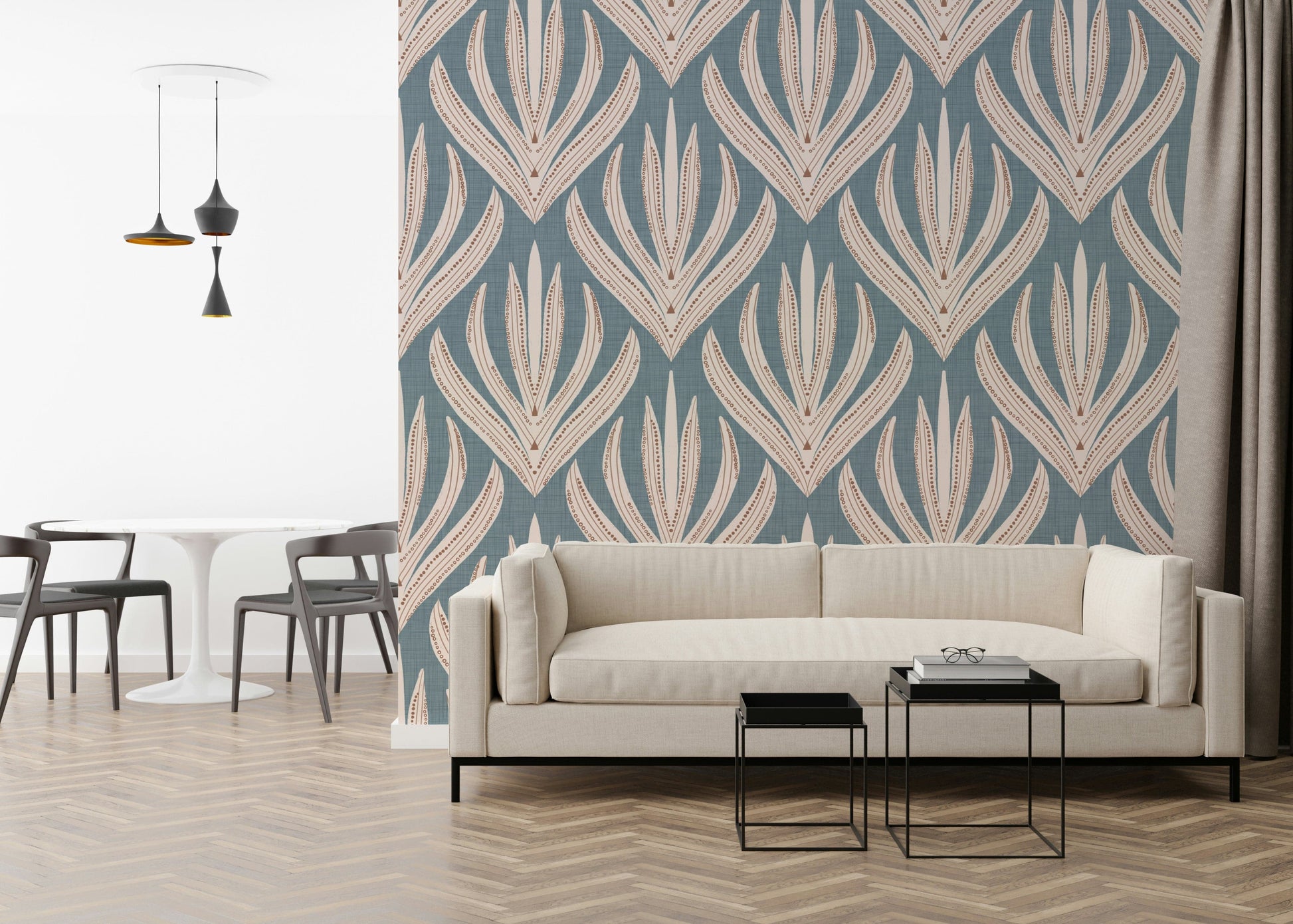 Decorative wallpaper mural with cream geometric floral elements over a muted blue backdrop.