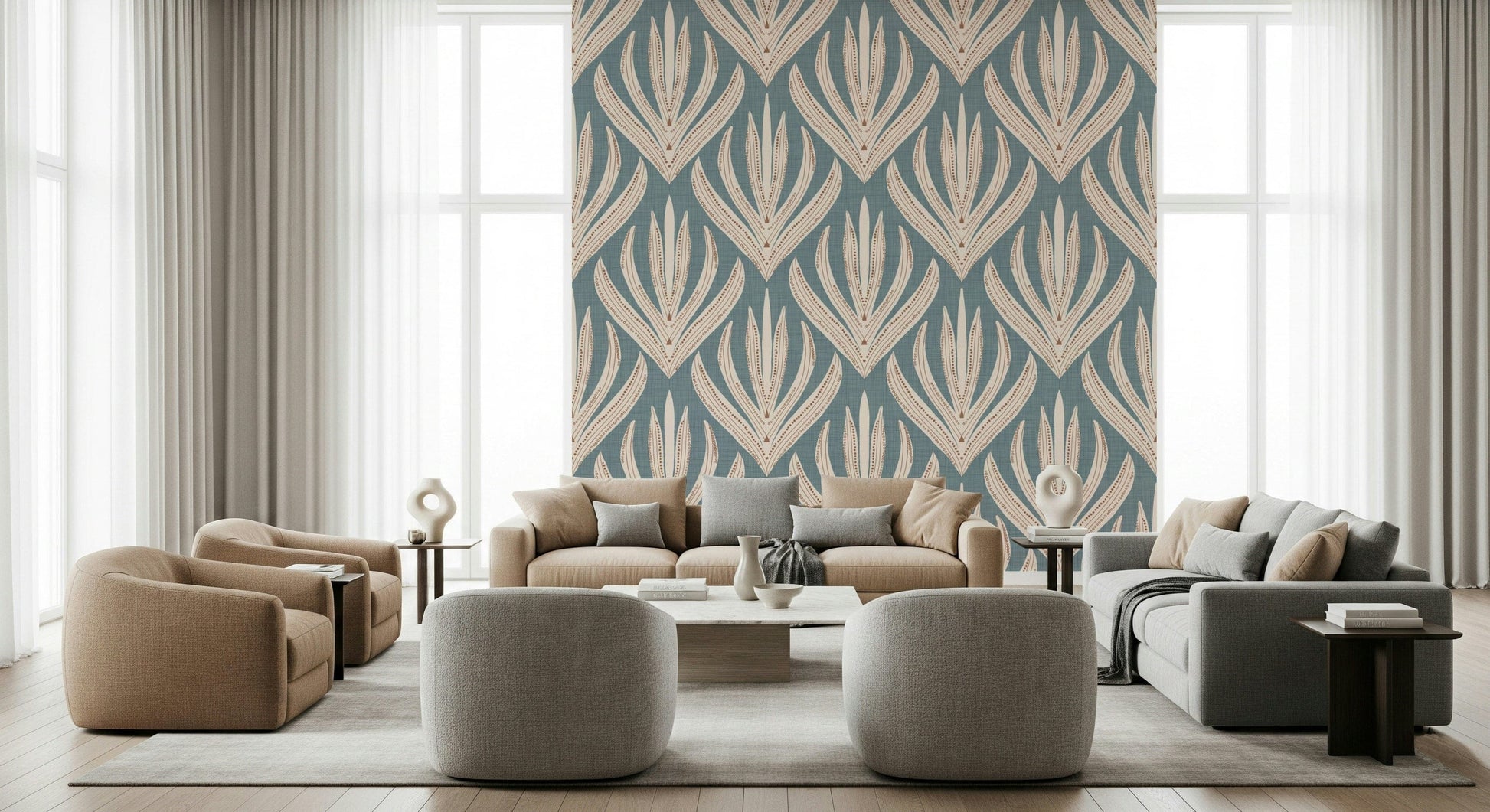 Floral Geometry in Muted Blue wallpaper featuring symmetrical cream botanical motifs on a soft blue background.