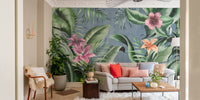 Blue background and green leaves mural for fresh wall aesthetics.

