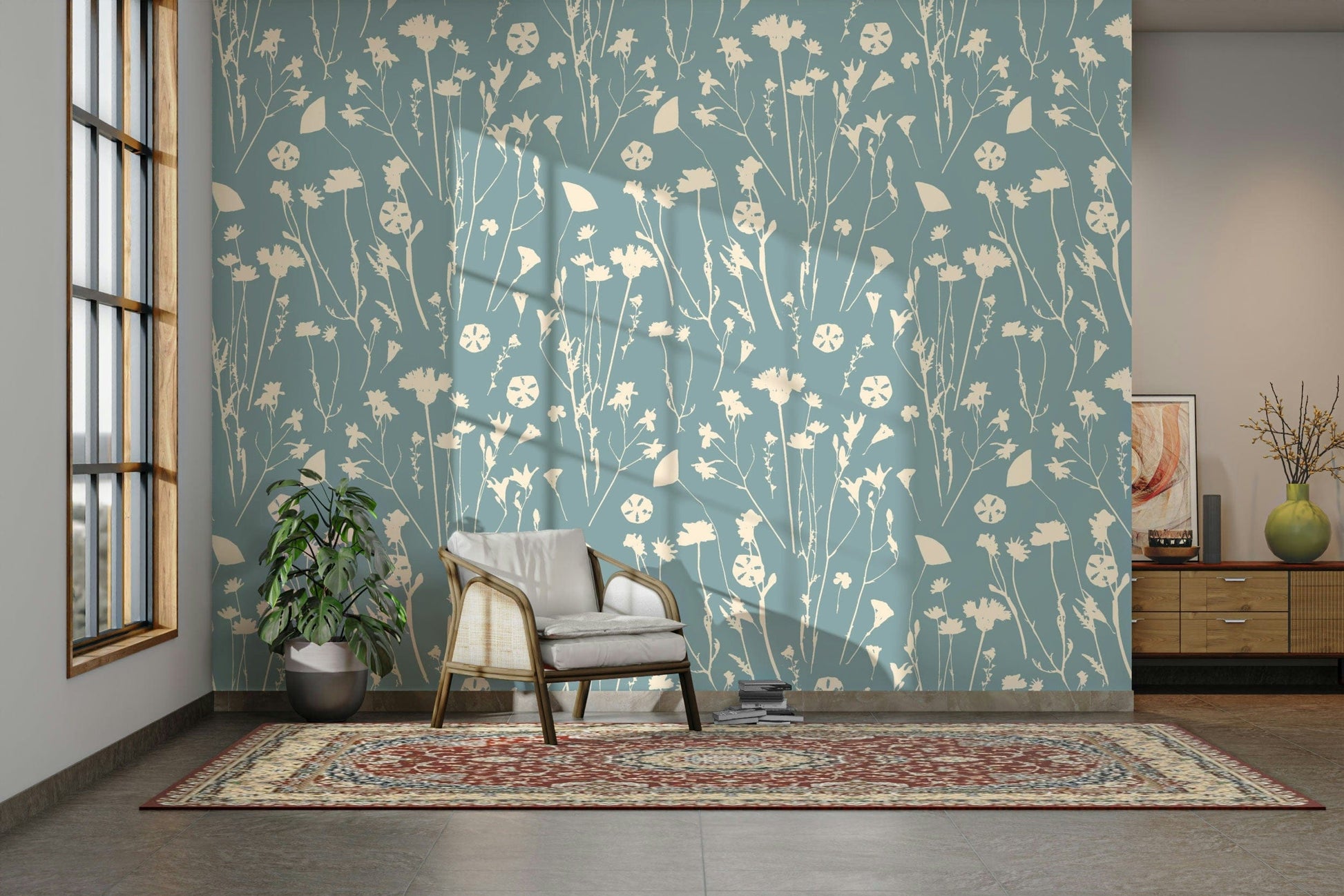 The wallpaper has a delicate, repeating geometric pattern in a muted color.

