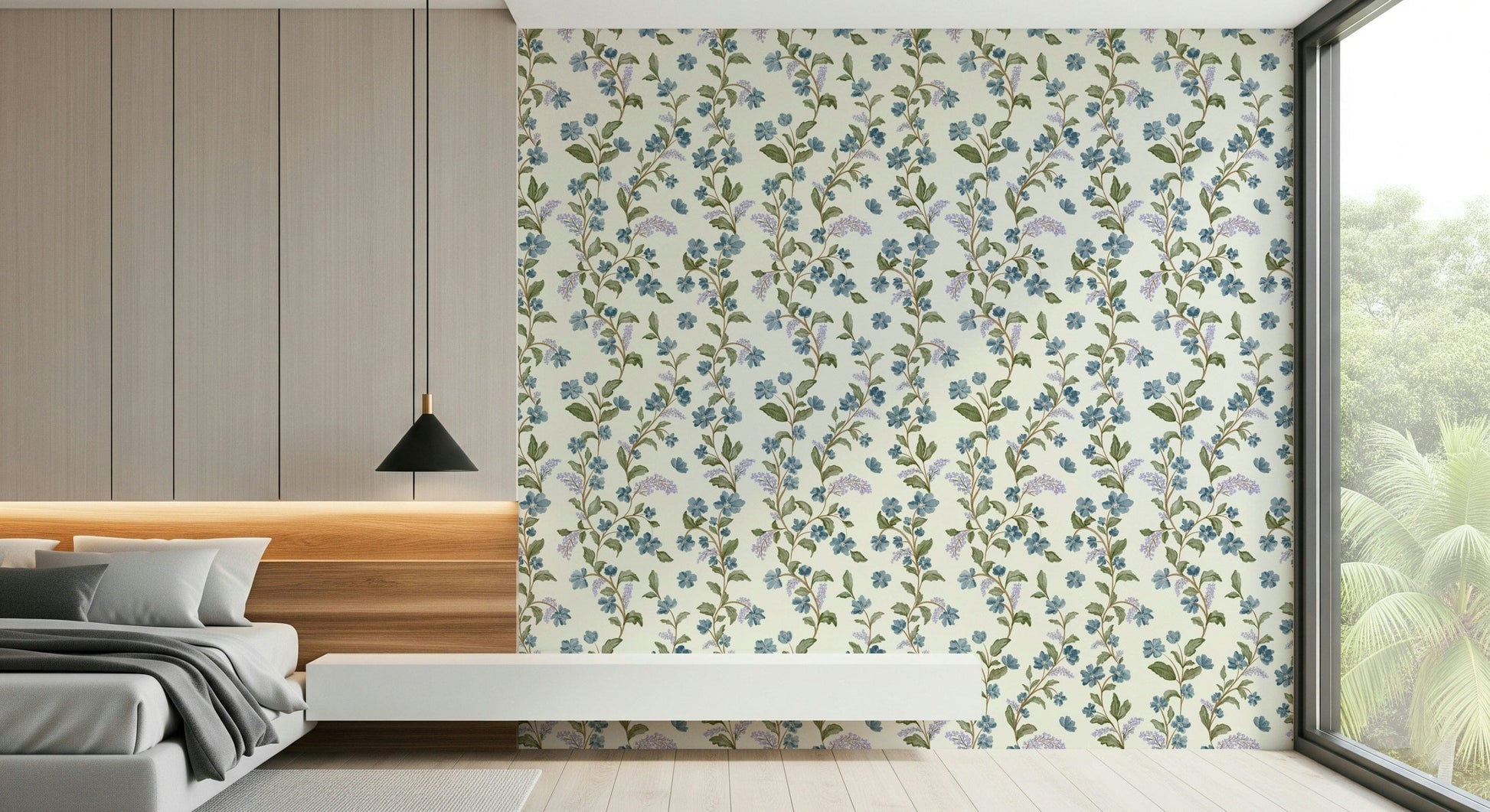 Charming Azure Bloom Trail peel and stick wallpaper winding flower vine print.