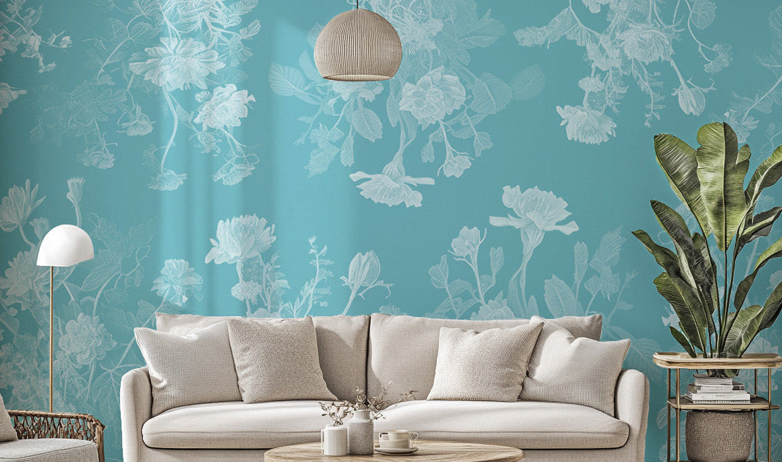 Brighten your bedroom with a soothing blue flowers wallpaper mural.