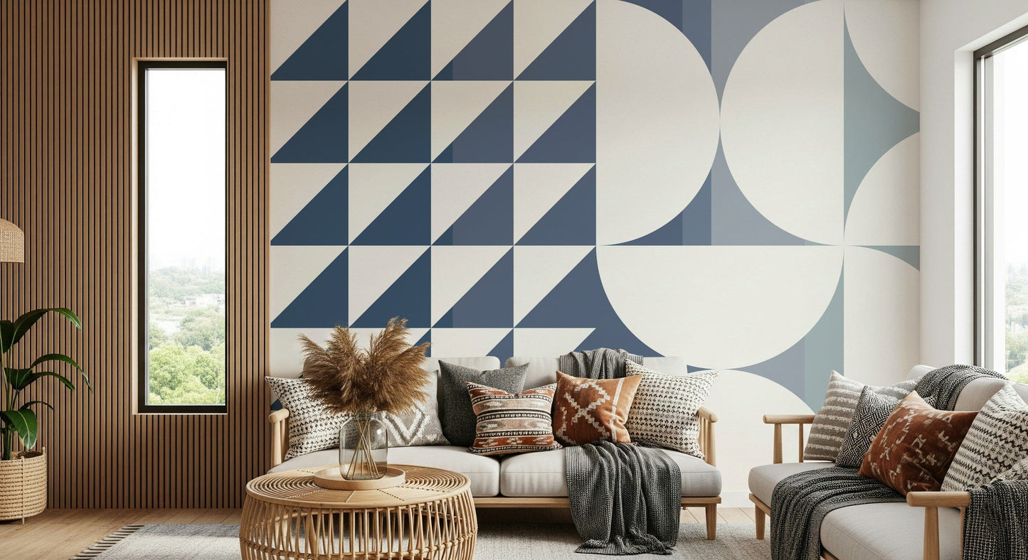 A peaceful modern abstract mural on decorative wallpaper.