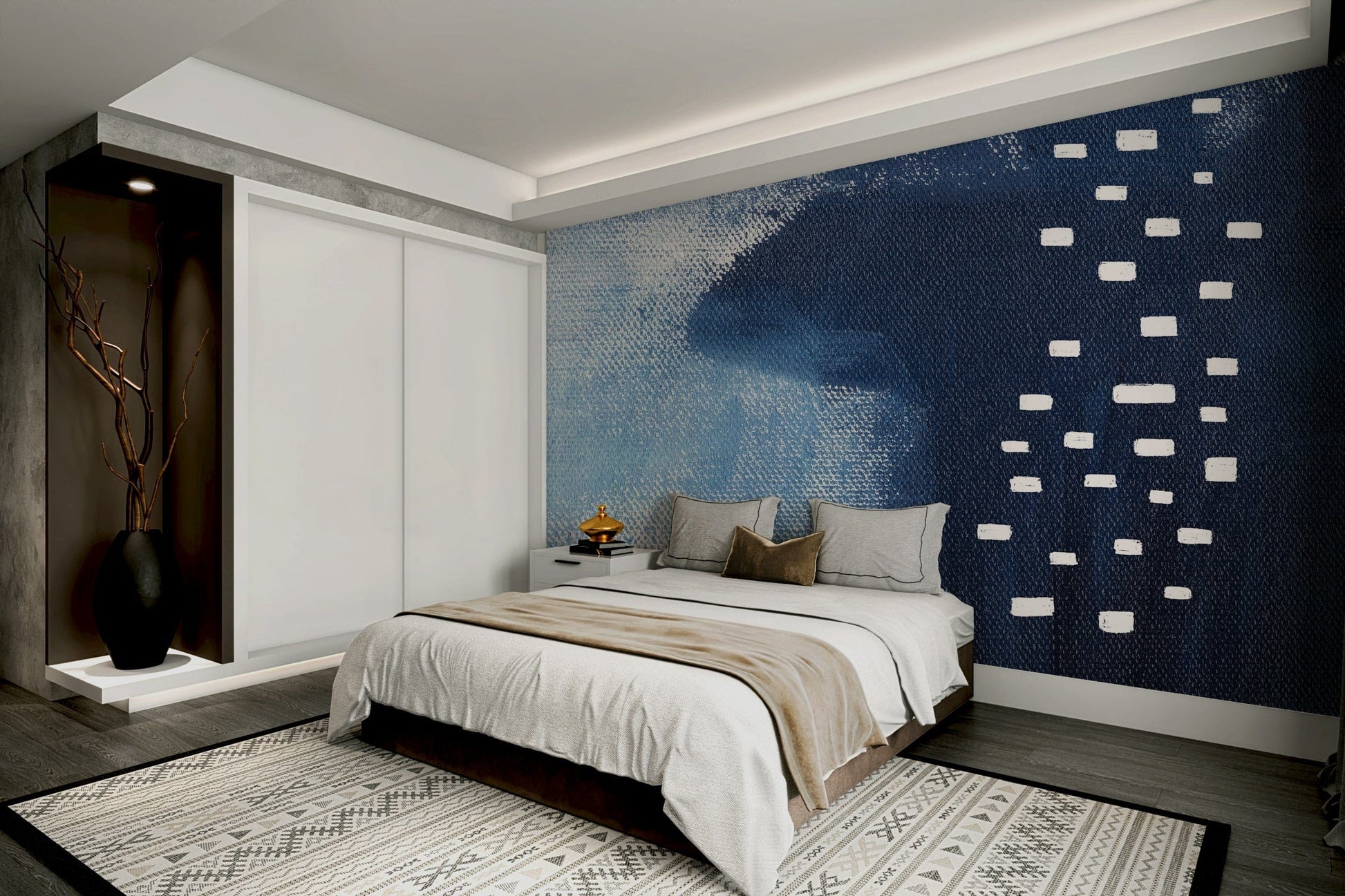 A contemplative blue geometric wallpaper mural for a feature wall.


