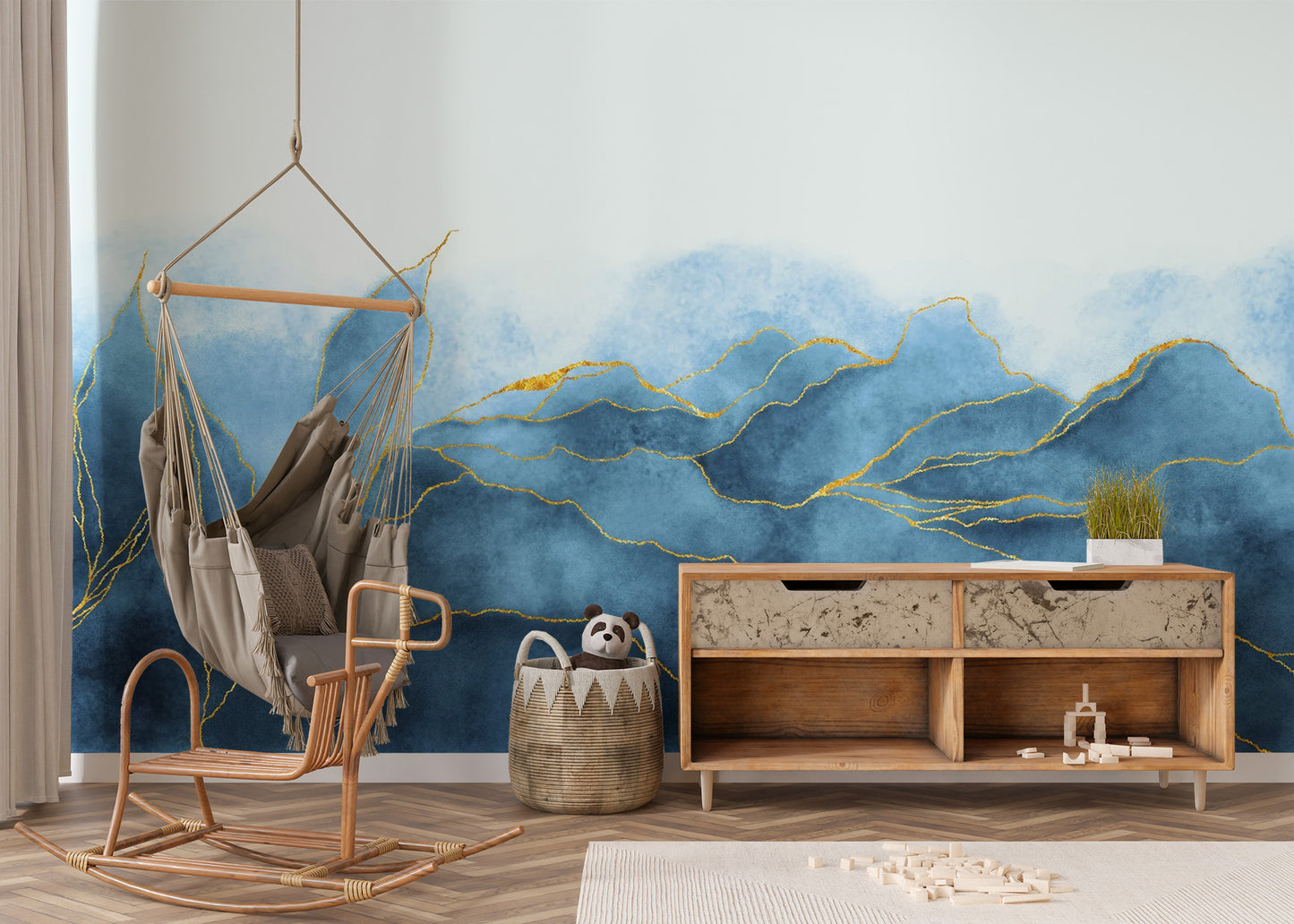 Soft pastel blue wall mural featuring delicate gold veining and textures.