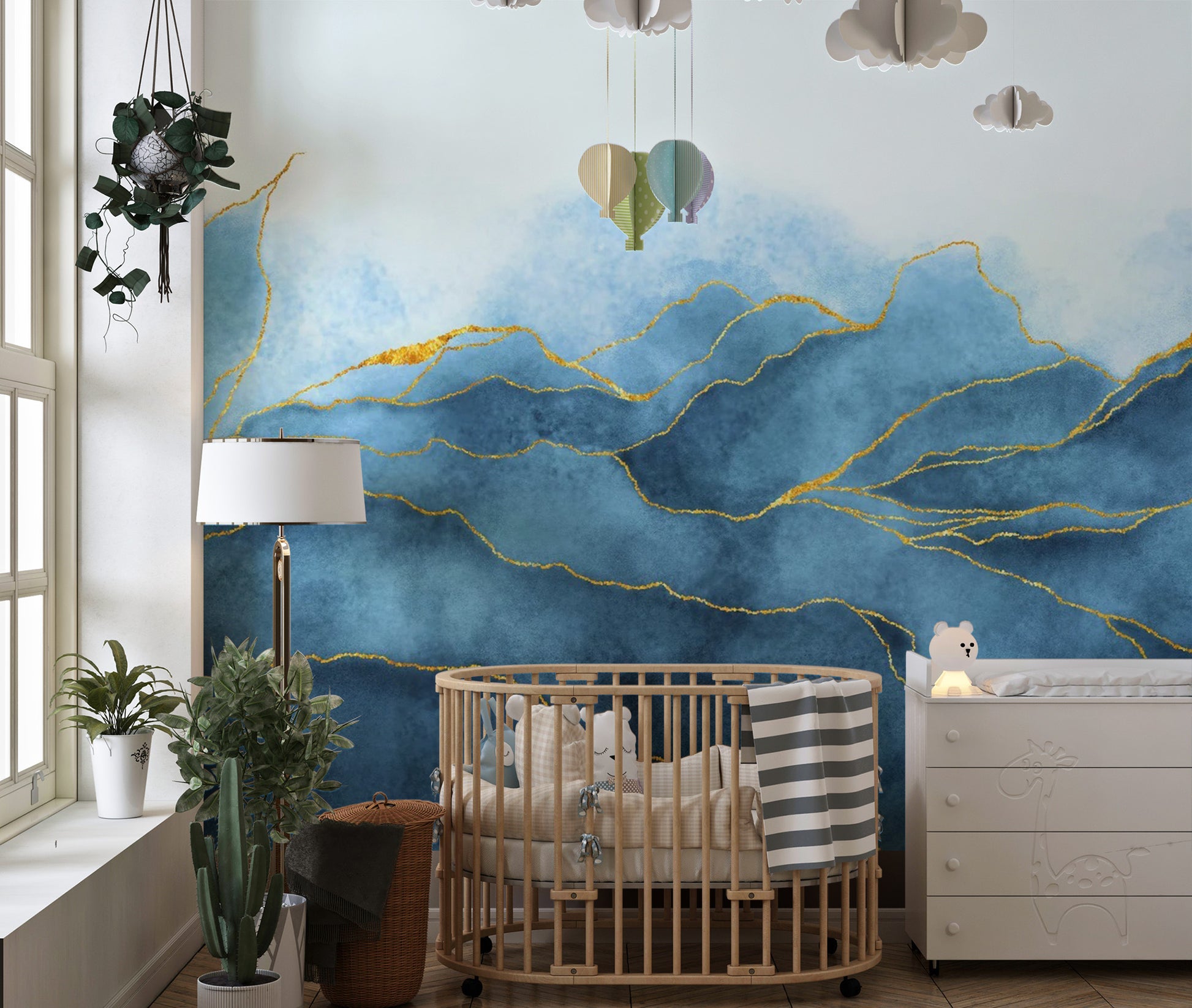 Sophisticated blue gold watercolor wallpaper mural for a bedroom feature wall.