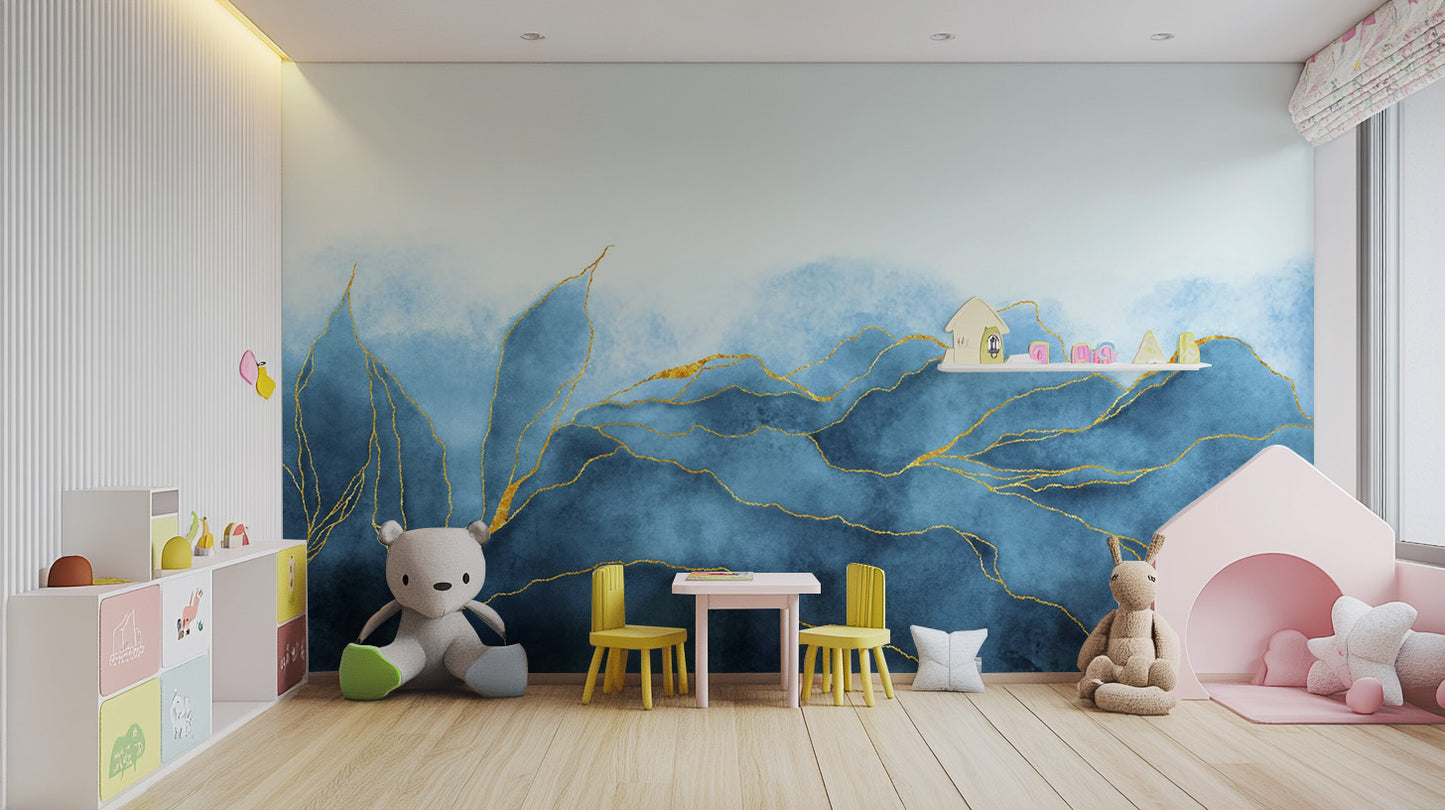 Textured matte finish play room wall mural depicting a dreamy blue gold seascape.