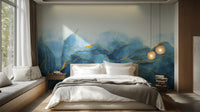 Minimalist white background wallpaper mural with blue gold watercolor swirls.