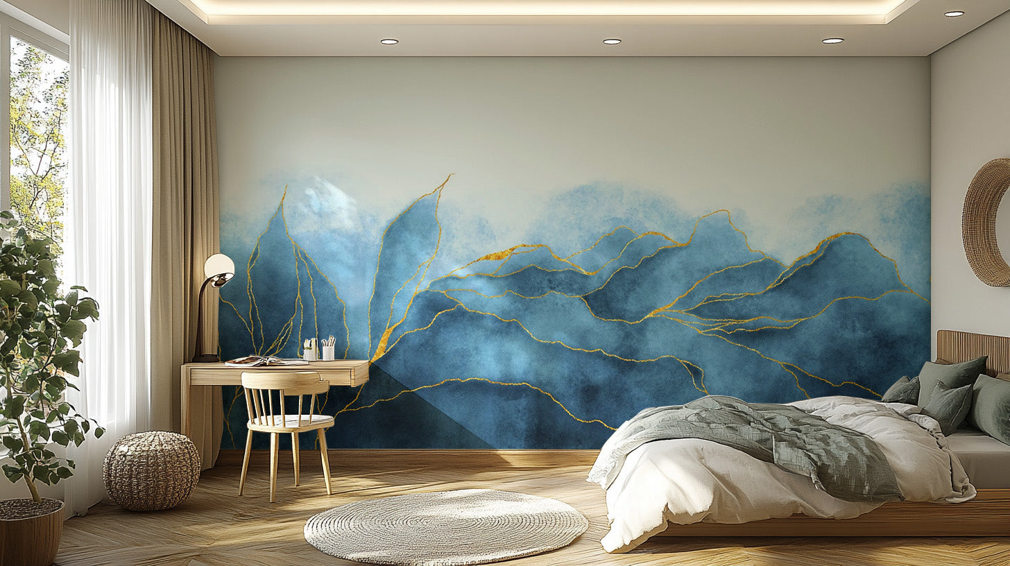 Artistic flowing marble effect bedroom wall mural in shades of azure and gold leaf.