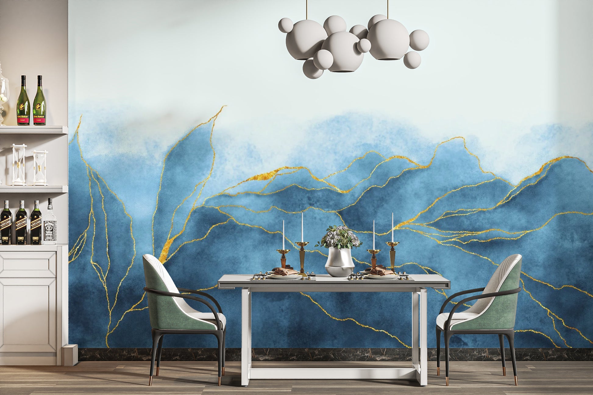 Modern watercolor dining area wallpaper mural with deep indigo and champagne gold tones.