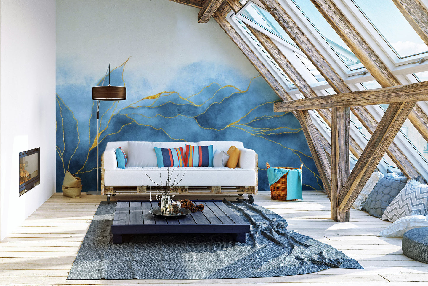 Elegant wall mural featuring soft cobalt blue and metallic gold splatters.