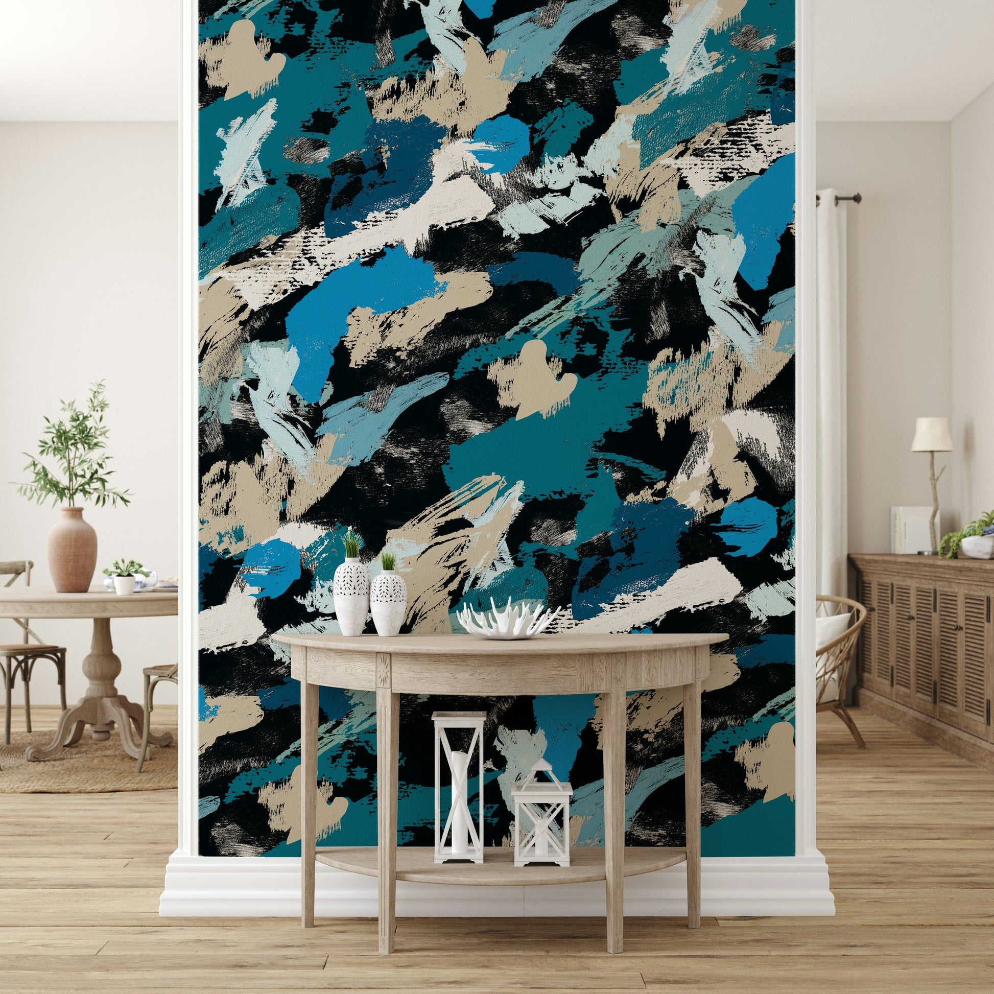 A calming abstract design wallpaper mural that defines a space.

