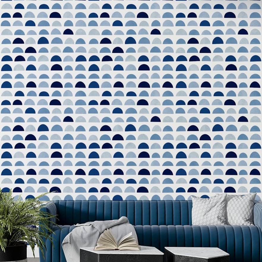 The wallpaper is applied seamlessly, giving the wall a uniform, high-end look.

