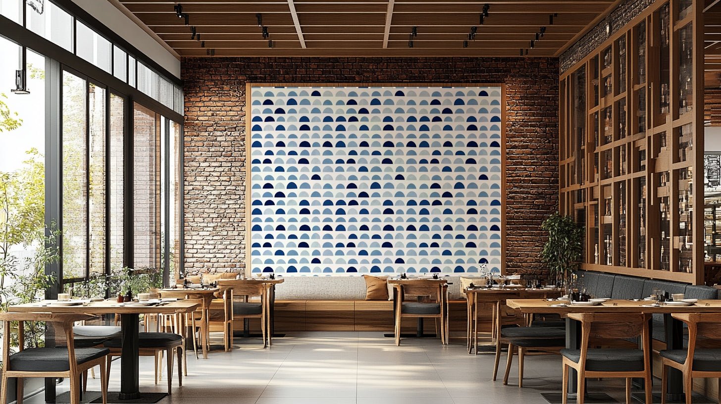 The wall mural is installed on a living room feature wall.

