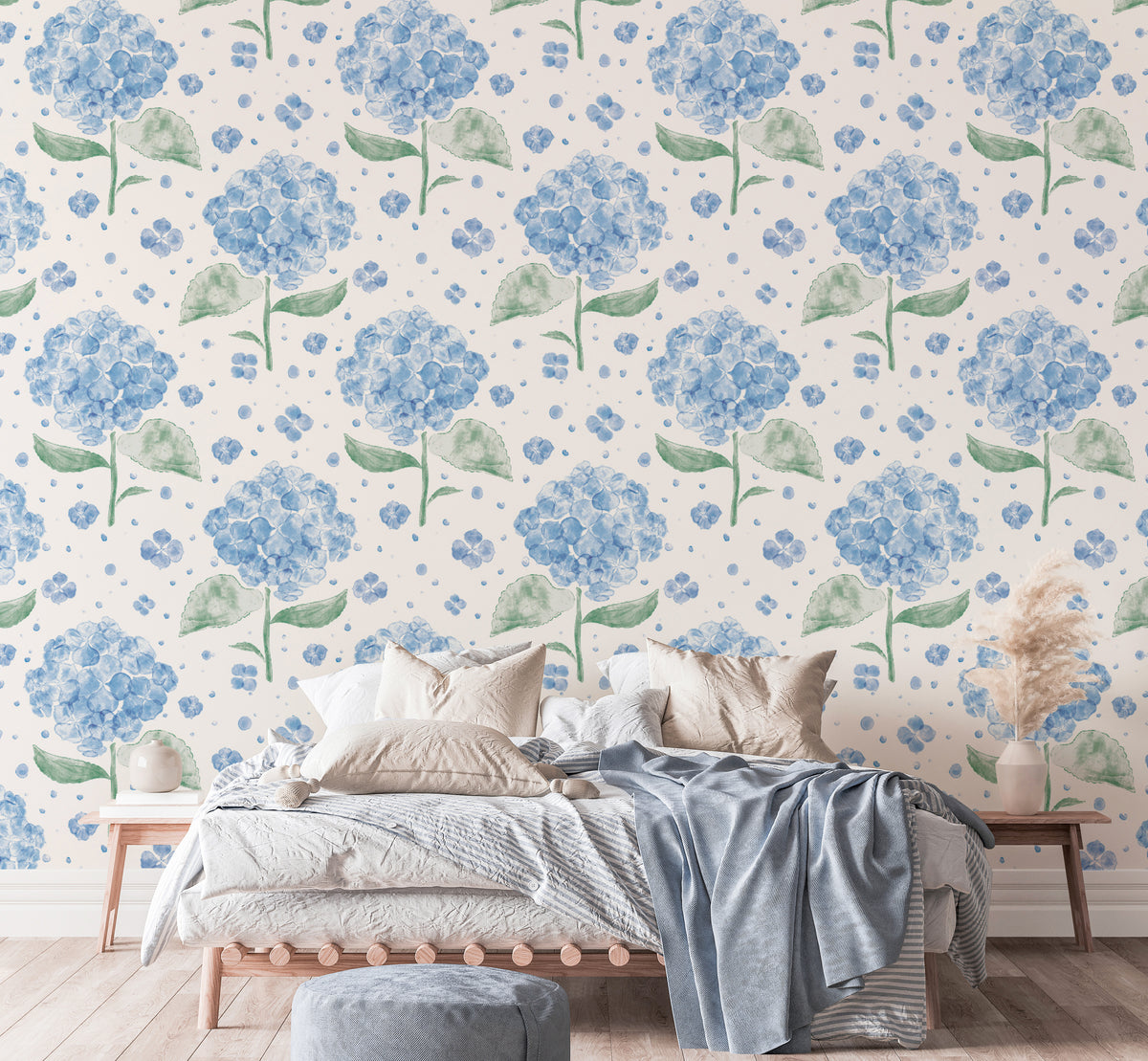 Delicate blue hydrangea mural for a soft and airy floral vibe.
