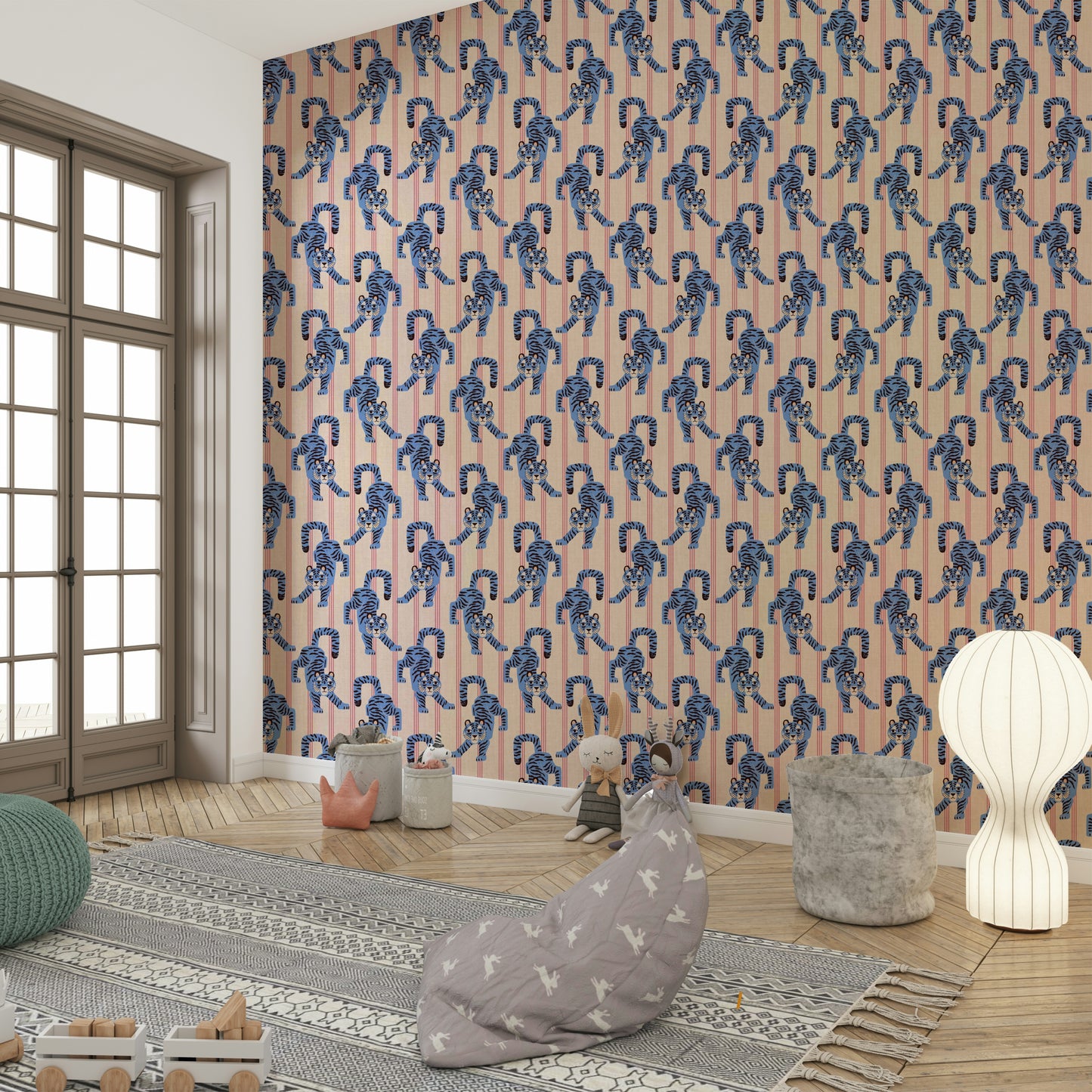 Exotic blue tiger print with jungle jewel elements for walls

