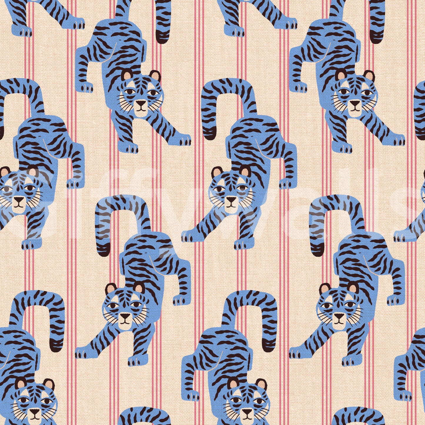 Blue Jumping Tiger Jewel Jungle wallpaper close-up showing blue black-striped tigers on a cream pink-striped ground