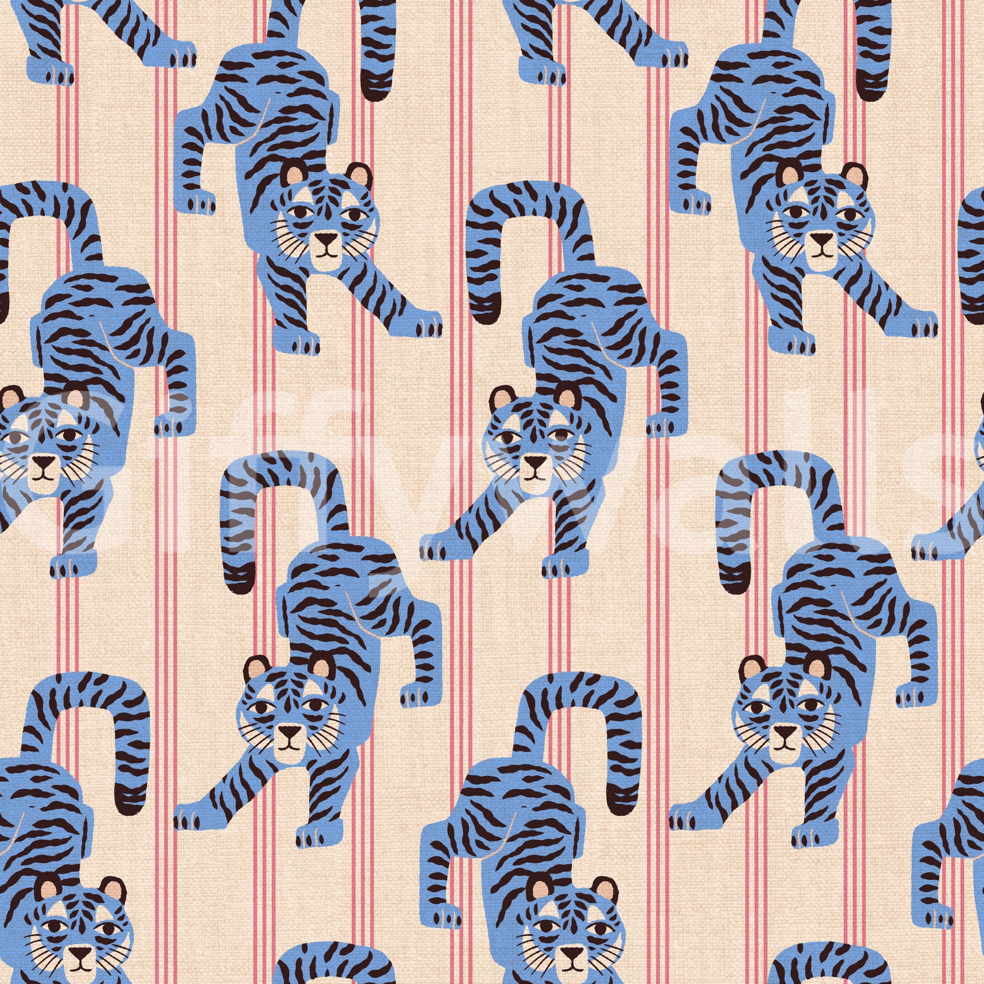 Blue Jumping Tiger Jewel Jungle wallpaper close-up showing blue black-striped tigers on a cream pink-striped ground