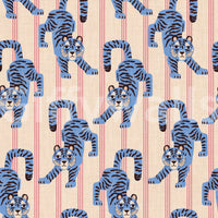 Blue Jumping Tiger Jewel Jungle wallpaper close-up showing blue black-striped tigers on a cream pink-striped ground