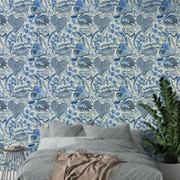 Abstract jungle leaves wallpaper in navy and teal

