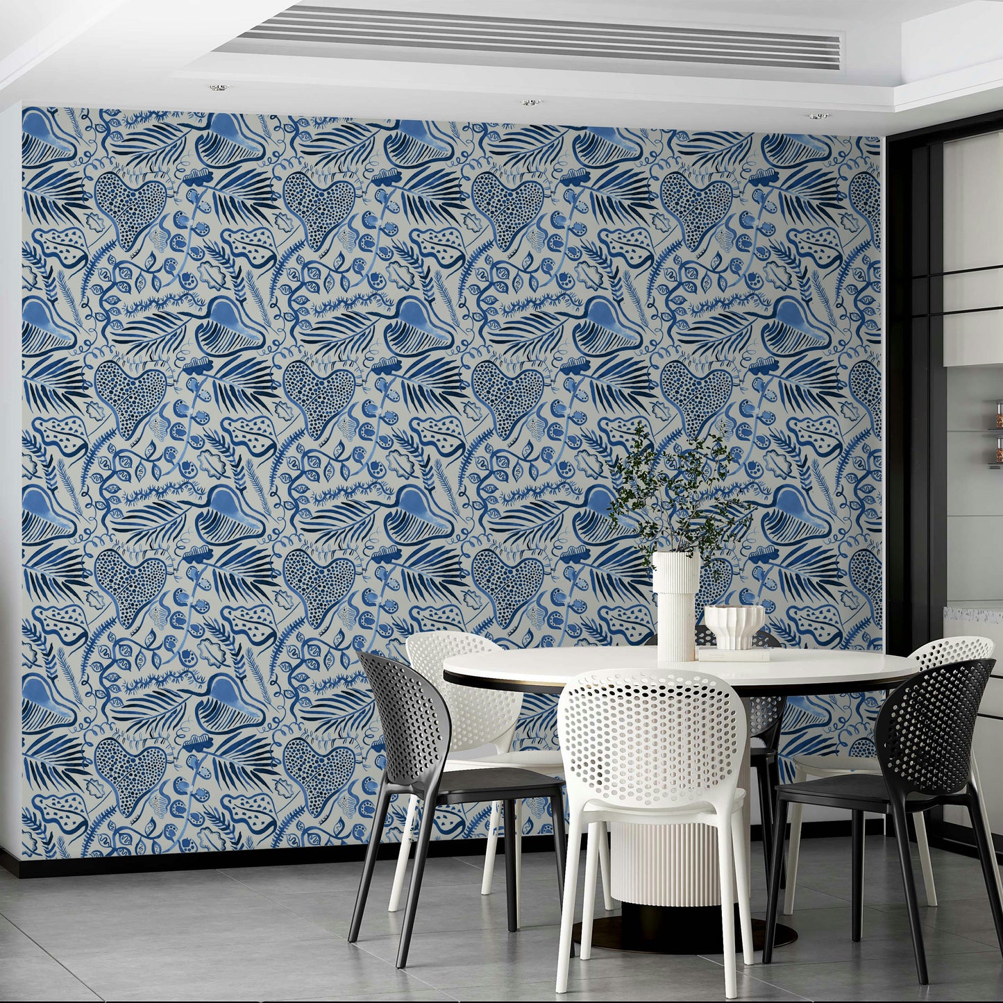 Botanical blue leaves wallpaper with jungle vibe

