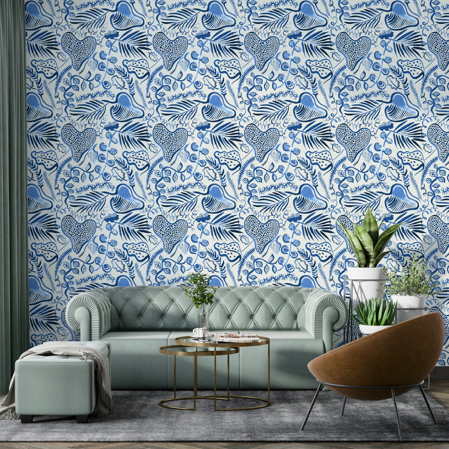 Blue rainforest tropical leaf pattern wall mural

