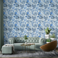 Blue rainforest tropical leaf pattern wall mural

